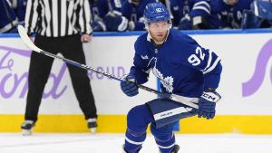 Alex Nylander takes to the ice for his first shift as a Toronto Maple Leafs player during first period hockey action while playing against the Utah Hockey Club in Toronto on Sunday, November 24, 2024. (Frank Gunn/CP)