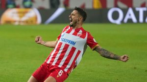 Red Star's Rade Krunic celebrates after scoring his side's second goal during the Champions League opening phase soccer match between Red Star and Stuttgart at the Rajko Mitic Stadium in Belgrade, Serbia, Wednesday, Nov. 27, 2024. (AP Photo/Darko Vojinovic)