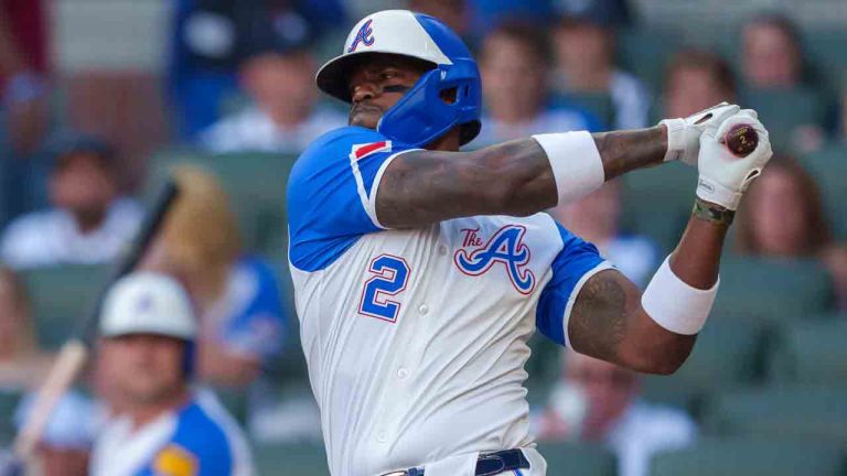 Atlanta Braves Jorge Soler (2) swings for a strike in the first inning of a baseball game against the Miami Marlins, Saturday, Aug. 3, 2024, in Atlanta. (Jason Allen/AP)