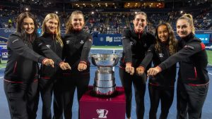 Members of the Billie Jean King Cup winning team from Canada (left to right) captain Heidi El Tabakh, Eugenie Bouchard, Marina Stakusic, Rebecca Marino, Leylah Fernandez and Gabriela Dabrowski show off their rings in Toronto on Tuesday, August 6, 2024. (Frank Gunn/CP)