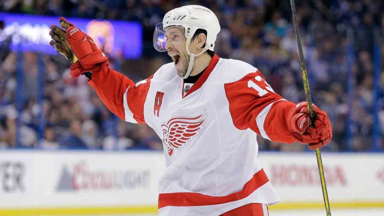 Detroit Red Wings centre Pavel Datsyuk, of Russia, celebrates his goal against the Tampa Bay Lightning during the third period of Game 5 of a first-round NHL Stanley Cup hockey playoff series Saturday, April 25, 2015, in Tampa, Fla. The Red Wings won 4-0, and lead the series 3-2. (Chris O'Meara/AP)