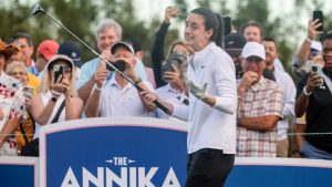 WNBA basketball player Caitlin Clark, of the Indiana Fever, shrugs off an errant drive on the third tee during the pro-am at the LPGA Tour golf tournament, Wednesday, Nov 13, 2024, at the Pelican Golf Club in Belleair, Fla. (Douglas R. Clifford/Tampa Bay Times via AP)