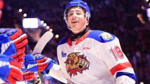 Caleb Desnoyers of the Moncton Wildcats celebrates a goal (Photo by Daniel St Louis)