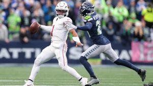 Arizona Cardinals quarterback Kyler Murray (1) looks to throw during the second half of an NFL football game against the Seattle Seahawks, Sunday, Nov. 24, 2024, in Seattle. Seattle Seahawks cornerback Coby Bryant intercepted the throw. (AP Photo/Jason Redmond)