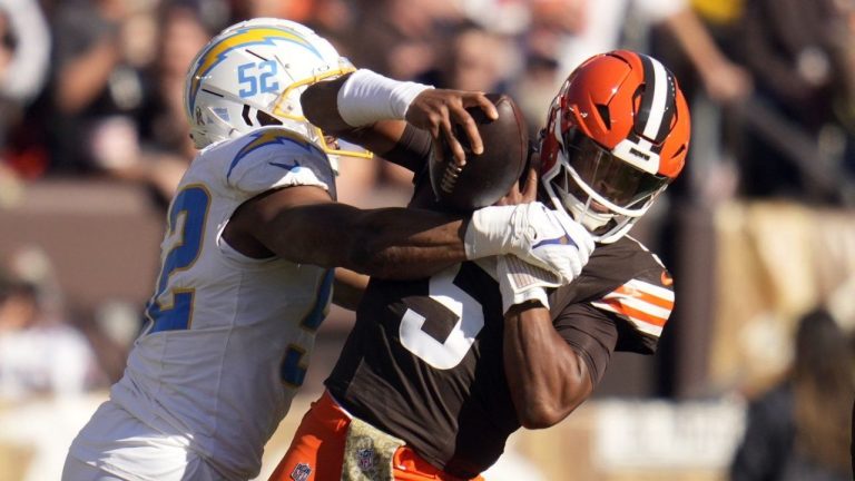 Los Angeles Chargers linebacker Khalil Mack sacks Cleveland Browns quarterback Jameis Winston for a 6-yard loss in the first half of an NFL game Sunday, Nov. 3, 2024, in Cleveland. (Sue Ogrocki/AP Photo)
