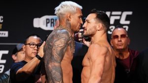 Charles Oliveira, left, and Michael Chandler face off at the UFC 309 ceremonial weigh-ins. (UFC Press)