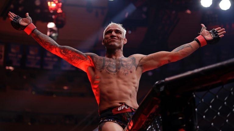 Charles Oliveira reacts after defeating Michael Chandler in a UFC 309 lightweight bout in New York. (Adam Hunger/AP)