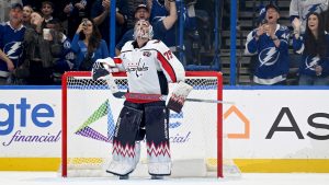 Washington Capitals goaltender Charlie Lindgren (79) looks at the replay after giving up an own goal during the third period of an NHL hockey game against the Tampa Bay Lightning.(Jason Behnken/AP)