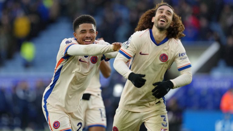 Chelsea's Marc Cucurella, right, and Wesley Fofana celebrate after their win in the English Premier League soccer match against Leicester City at King Power stadium in Leicester, England, Saturday, Nov. 23, 2024. (Dave Shopland/AP)