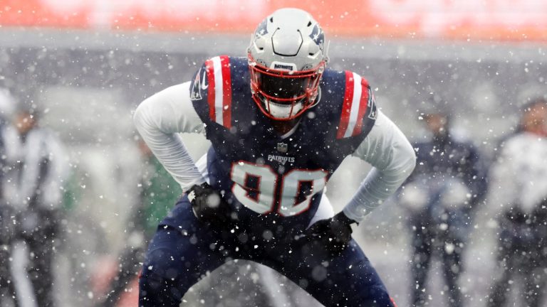 New England Patriots defensive tackle Christian Barmore warms up prior to an NFL game against the New York Jets, Sunday, Jan. 7, 2024, in Foxborough, Mass. (AP/Michael Dwyer)