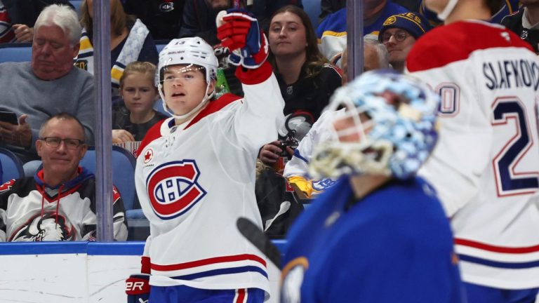 Montreal Canadiens right wing Cole Caufield (13) celebrates his goal during the second period of an NHL hockey game against the Buffalo Sabres Monday, Nov. 11, 2024, in Buffalo, N.Y. (Jeffrey T. Barnes/AP Photo)