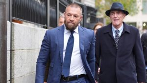 Conor McGregor outside High Court in Dublin, Ireland Tuesday, Nov. 5, 2024. (Niall Carson/PA via AP)