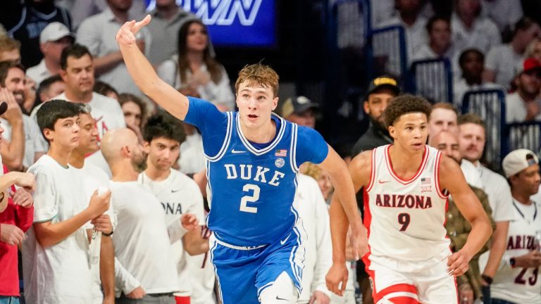 Duke guard Cooper Flagg (2) gestures after hitting a 3-point shot against Arizona during the second half of an NCAA college basketball game Friday, Nov. 22, 2024, in Tucson, Ariz. (Darryl Webb/AP)