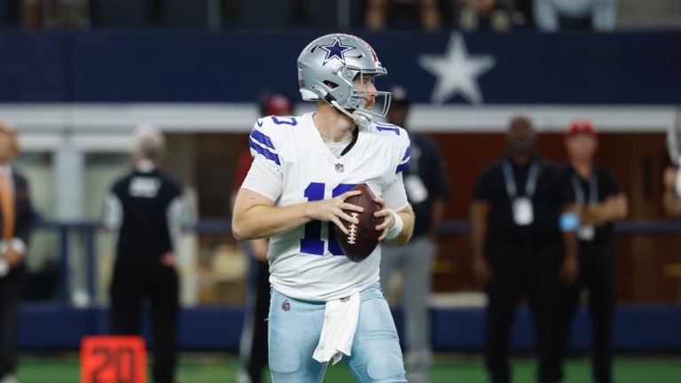 Dallas Cowboys quarterback Cooper Rush looks to pass during an NFL game against the Philadelphia Eagles on Sunday, Nov. 10, 2024, in Arlington, Texas. (AP/Matt Patterson)