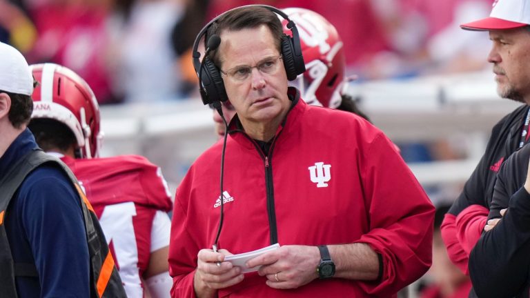 Indiana head coach Curt Cignetti watches from the sideline as his team plays Michigan during the first half of an NCAA college football game in Bloomington, Ind., Saturday, Nov. 9, 2024. (AP Photo/AJ Mast)