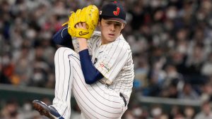 Roki Sasaki of Japan pitches during their Pool B game against the Czech Republic at the World Baseball Classic at the Tokyo Dome in Tokyo, on March 11, 2023. (Eugene Hoshiko/AP)