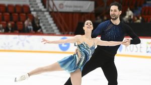 Deanna Stellato-Dudek and Maxime Deschamps of Canada perform during pairs' free skating at the international figure skating competition Finlandia Trophy in Helsinki, Sunday, Nov. 17, 2024. (Mikko Stig/Lehtikuva/AP)