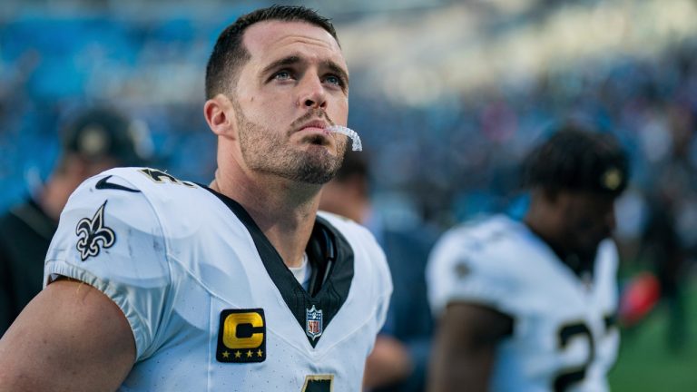 New Orleans Saints quarterback Derek Carr (4) walks off the field after an NFL football game between the Carolina Panthers and the New Orleans Saints on Sunday, Nov. 3, 2024, in Charlotte, N.C. (AP Photo/Jacob Kupferman)