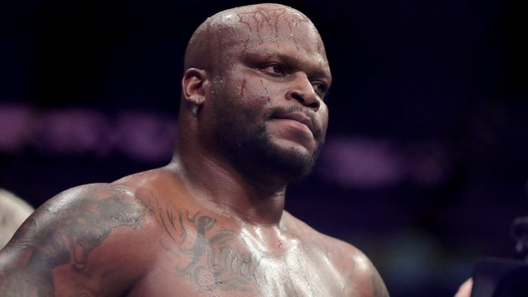 Derrick Lewis reacts after losing by submission to Daniel Cormier during the second round of a heavyweight mixed martial arts bout at UFC 230, early Sunday, Nov. 4, 2018, at Madison Square Garden in New York. (AP Photo/Julio Cortez)