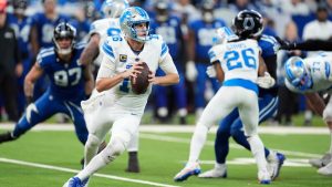 Detroit Lions quarterback Jared Goff (16) looks downfield during the second half of an NFL football game against the Indianapolis Colts, Sunday, Nov. 24, 2024, in Indianapolis. (Michael Conroy/AP)