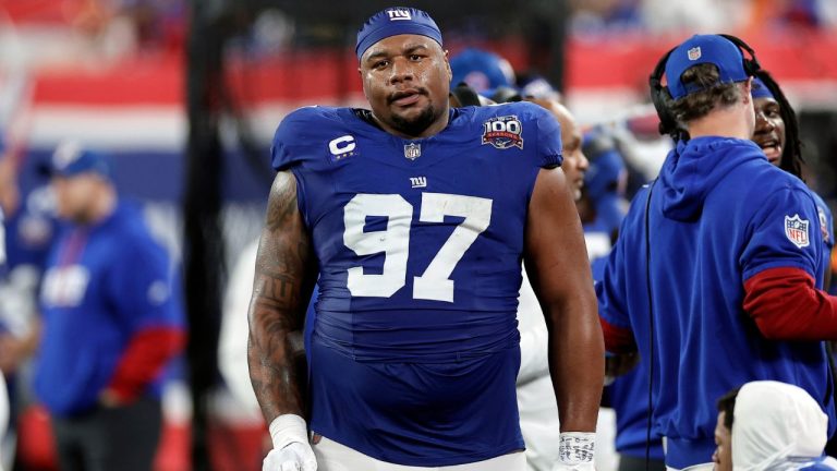 New York Giants defensive tackle Dexter Lawrence II (97) reacts during an NFL football game against the Cincinnati Bengals Sunday, Oct. 13, 2024, in East Rutherford, N.J. (Adam Hunger/AP)