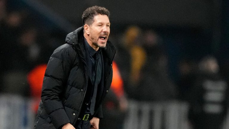 Atletico Madrid's head coach Diego Simeone reacts during the Champions League opening phase soccer match between Paris Saint Germain and Atletico Madrid at the Parc des Princes stadium in Paris, Wednesday, Nov. 6, 2024. (AP/Michel Euler)