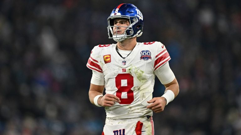 New York Giants quarterback Daniel Jones watches during the second half of an NFL football game against the Carolina Panthers, Sunday, Nov. 10, 2024, in Munich, Germany. (Lennart Preiss/AP)