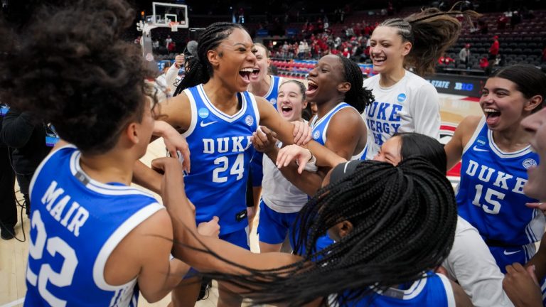 Duke guard Reigan Richardson (24) celebrates with teammates after defeating Ohio State during a second-round college basketball game in the women's NCAA Tournament, Sunday, March 24, 2024, in Columbus, Ohio. (AP Photo/Aaron Doster)