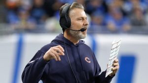 Chicago Bears head coach Matt Eberflus watches against the Detroit Lions during the first half of an NFL football game. (Duane Burleson/AP)