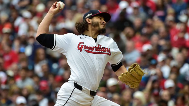 Cleveland Guardians' Eli Morgan pitches in the seventh inning during Game 5 of baseball's American League Division Series, Saturday, Oct. 12, 2024, in Cleveland. (Phil Long/AP)