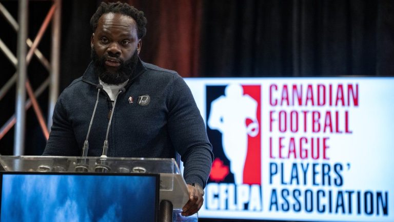 CFL Players' Association (CFLPA) President Solomon Elimimian speaks during a news conference ahead of the 111th CFL Grey Cup, in Vancouver, B.C., Tuesday, Nov. 12, 2024. CFL players will have more than just money to consider when they hit free agency in February. (Ethan Cairns/CP)