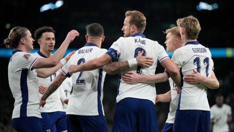 England players celebrate after Harry Kane, 3rd right, scored the opening goal during the UEFA Nations League soccer match between England and the Republic of Ireland at Wembley stadium in London, Sunday, Nov. 17, 2024. (Kin Cheung/AP)