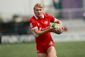 Canada's Ethan Hager runs in for the try against Mexico during men's semifinal rugby action at the Rugby Sevens Paris 2024 Olympic qualification event at Starlight Stadium in Langford, B.C., Sunday, Aug. 20, 2023. The Canadian men's rugby sevens team faces a tough field in its final bid to qualify for the Paris Olympics. (Chad Hipolito/CP)