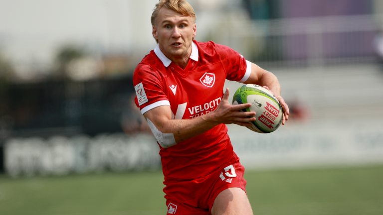 Canada's Ethan Hager runs in for the try against Mexico during men's semifinal rugby action at the Rugby Sevens Paris 2024 Olympic qualification event at Starlight Stadium in Langford, B.C., Sunday, Aug. 20, 2023. The Canadian men's rugby sevens team faces a tough field in its final bid to qualify for the Paris Olympics. (Chad Hipolito/CP)