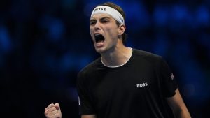 Taylor Fritz of the United States celebrates after winning the ATP World Tour Finals semifinal tennis match against Germany's Alexander Zverevat at the Inalpi Arena in Turin, Italy, Saturday, November 16, 2024. (Antonio Calanni/AP)