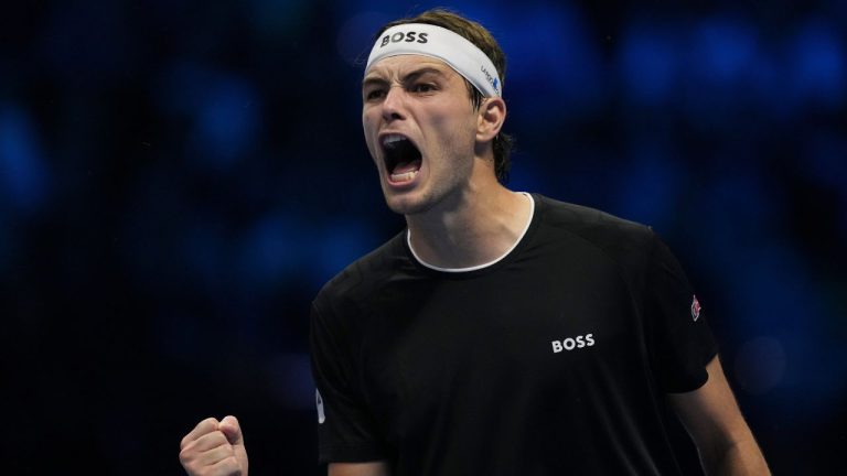 Taylor Fritz of the United States celebrates after winning the ATP World Tour Finals semifinal tennis match against Germany's Alexander Zverevat at the Inalpi Arena in Turin, Italy, Saturday, November 16, 2024. (Antonio Calanni/AP)