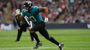 Jacksonville Jaguars wide receiver Gabe Davis runs a route against the New England Patriots during an NFL game at Wembley Stadium, Sunday, Oct. 20, 2024, in London. (Steve Luciano/AP)