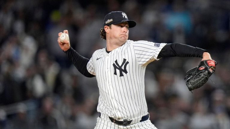 New York Yankees starting pitcher Gerrit Cole throws against the Cleveland Guardians during the first inning in Game 2 of the baseball AL Championship Series Tuesday, Oct. 15, 2024, in New York. (Frank Franklin II/AP Photo)