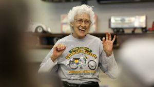 Motorcycle racing pioneer Mary McGee speaks about her experiences as the first woman to compete in motorcross racing events. (Genna Martin/San Francisco Chronicle via Getty Images)