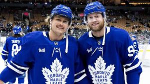 William Nylander #88 and Alex Nylander #92 of the Toronto Maple Leafs pose for a photo during warm-ups before facing the Utah Hockey Club at the Scotiabank Arena on November 24, 2024 in Toronto, Ontario, Canada. (Photo by Mark Blinch/NHLI via Getty Images)