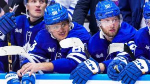 William Nylander #88 and Alex Nylander #92 of the Toronto Maple Leafs look on during the third period against the Utah Hockey Club at the Scotiabank Arena on November 24, 2024 in Toronto, Ontario, Canada. (Photo by Kevin Sousa/NHLI via Getty Images)