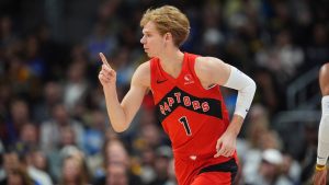 Toronto Raptors guard Gradey Dick gestures after hitting a 3-point basket against the Denver Nuggets in the first half of an NBA basketball game Monday, Nov. 4, 2024, in Denver. (David Zalubowski/AP)