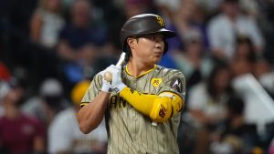 San Diego Padres shortstop Ha-Seong Kim in the ninth inning of a game Saturday, Aug. 17, 2024, in Denver. (AP/David Zalubowski)