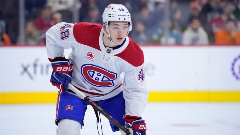 Montreal Canadiens' Lane Hutson plays during an NHL hockey game, Sunday, Oct. 27, 2024, in Philadelphia. (Matt Slocum/AP)