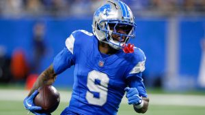 Detroit Lions wide receiver Jameson Williams (9) catches a 64-yard touchdown pass against the Jacksonville Jaguars during the second half of an NFL football game, Sunday, Nov. 17, 2024, in Detroit. (AP Photo/Duane Burleson)