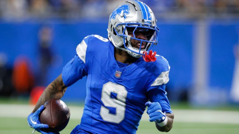 Detroit Lions wide receiver Jameson Williams (9) catches a 64-yard touchdown pass against the Jacksonville Jaguars during the second half of an NFL football game, Sunday, Nov. 17, 2024, in Detroit. (AP Photo/Duane Burleson)