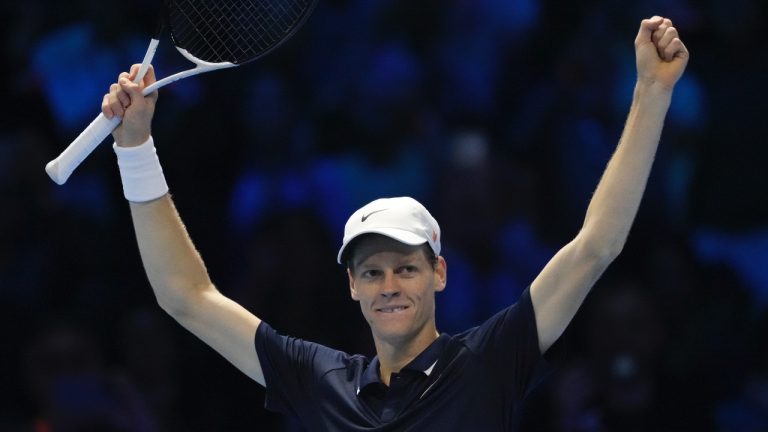 Italy's Jannik Sinner celebrates after winning the final match of the ATP World Tour Finals against Taylor Fritz of the United States at the Inalpi Arena, in Turin, Italy, Sunday, Nov. 17, 2024. (AP/Antonio Calanni)