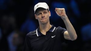 Italy's Jannik Sinner celebrates after winning the singles tennis match of the ATP World Tour Finals against United States' Taylor Fritz, at the Inalpi Arena, in Turin, Italy, Tuesday, Nov. 12, 2024. (Antonio Calanni/AP)