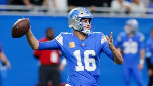 Detroit Lions quarterback Jared Goff throws against the Jacksonville Jaguars during the second half of an NFL game, Sunday, Nov. 17, 2024, in Detroit. (AP/Duane Burleson)