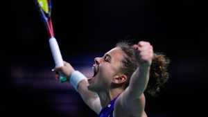 Italy's Jasmine Paolini celebrates after winning against Slovakia's Rebecca Sramkova during the Billie Jean King Cup final at the Martin Carpena Sports Hall in Malaga, southern Spain, on Wednesday, Nov. 20, 2024. (Manu Fernandez/AP)